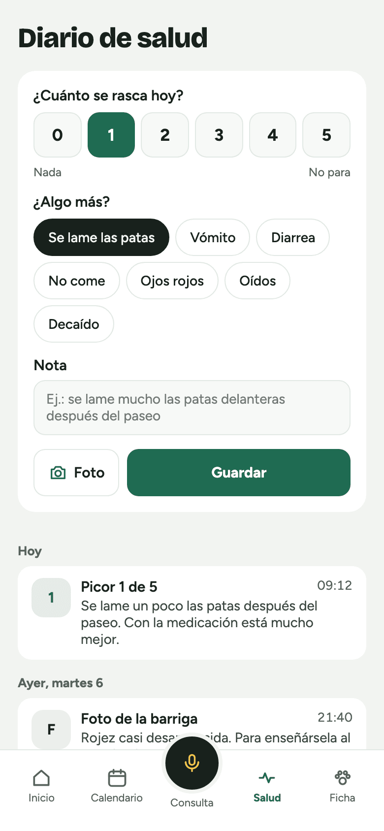 Diario de salud con el picor del día y síntomas